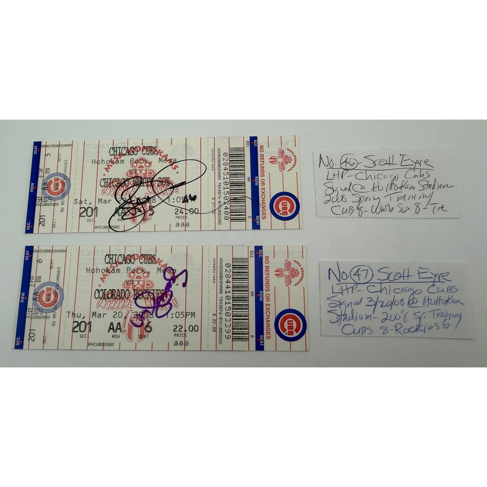 Scott Eyre Signed Chicago Cubs 2008 Spring Training Tickets Hohokam Park 2pc Lot